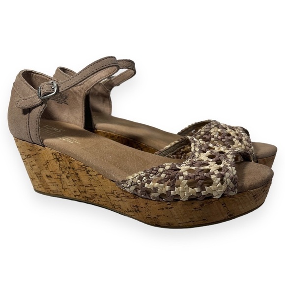 Tom's Stucco Satin Woven Peep Toe Platform Wedges Womens Size 9 - Picture 4 of 15